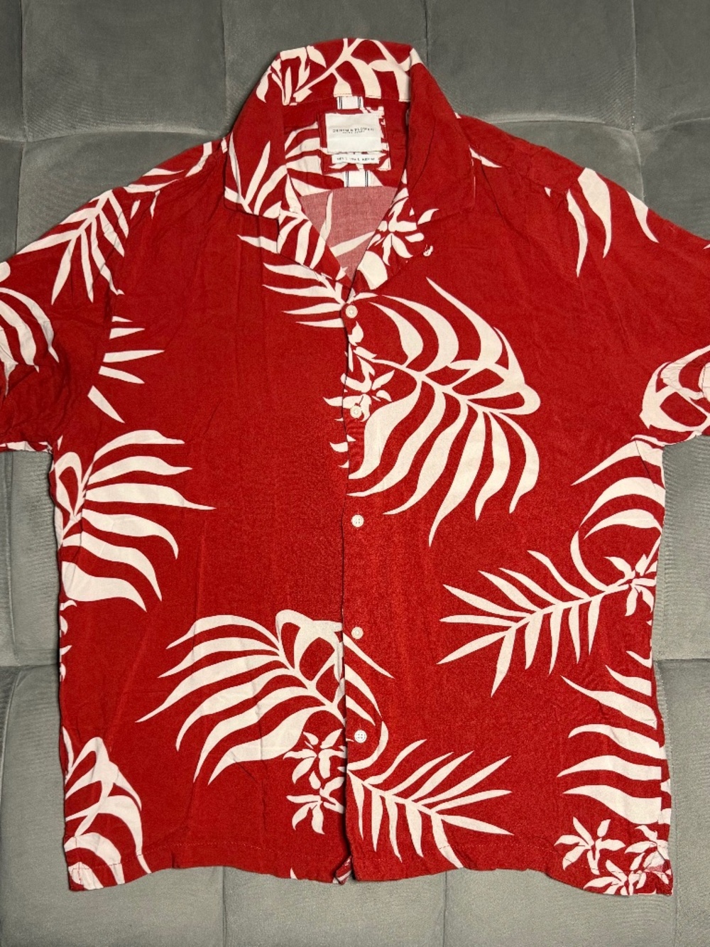Denim & Flower Ricky Singh Shirt Mens L Button Up Red White Leaf Print